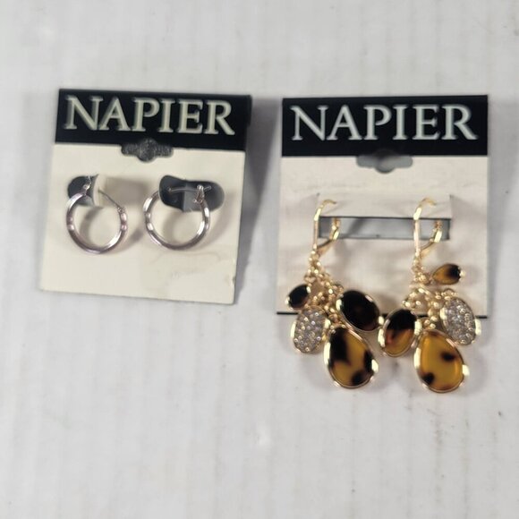 Napier Gold & Silver Tone Classic Elegant Tortoise Drops & Hoop Earrings Set - Picture 1 of 3